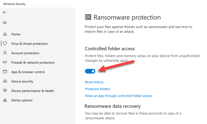 Windows 10 built in ransomware protection